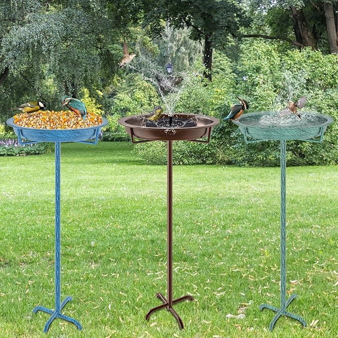 Metal Bird Bath for Outside, 36.2" Height Birdbath Bowl Standing Bird Feeders for Outdoors with 4 Prongs Base Stake, Freestanding Birdfeeders for Garden Yard Lawn Decor (Retro Blue)-VerdiqueGarden