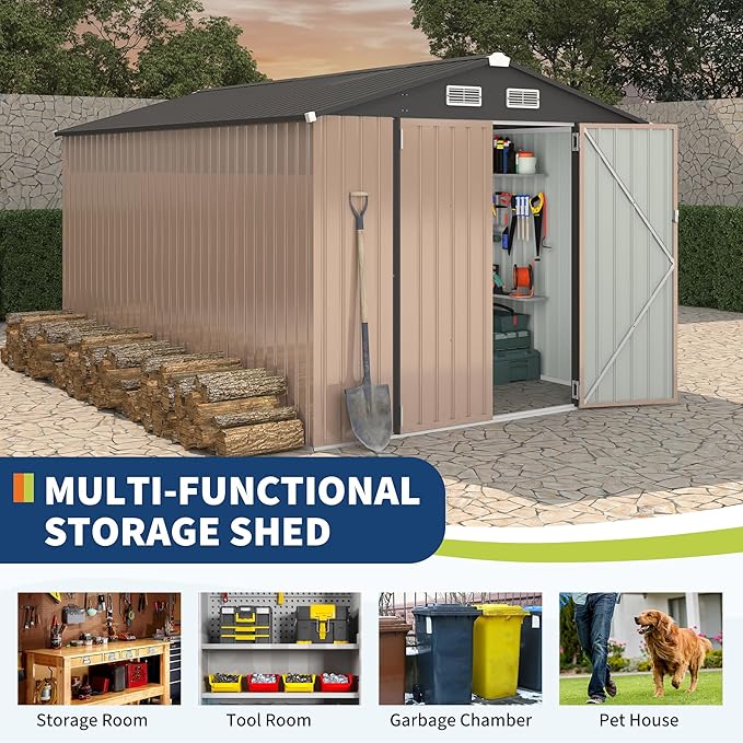 8x12 FT Metal Storage Sheds Outdoor, Metal Yard Sheds Garden Shed Kit, Metals Tool Shed with Lockable Door, Metals UtilityShed Buildings with Air Vent for Backyard Garden Patio Lawn-VerdiqueGarden