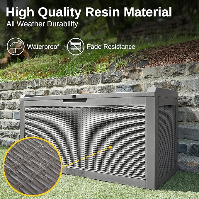 EAST OAK Outdoor Storage Box, 100 Gallon Deck Box, Waterproof Resin Storage Bench for Patio Cushions, Gardening Tools, Pool Accessories, Lockable, UV Resistant, Grey-VerdiqueGarden
