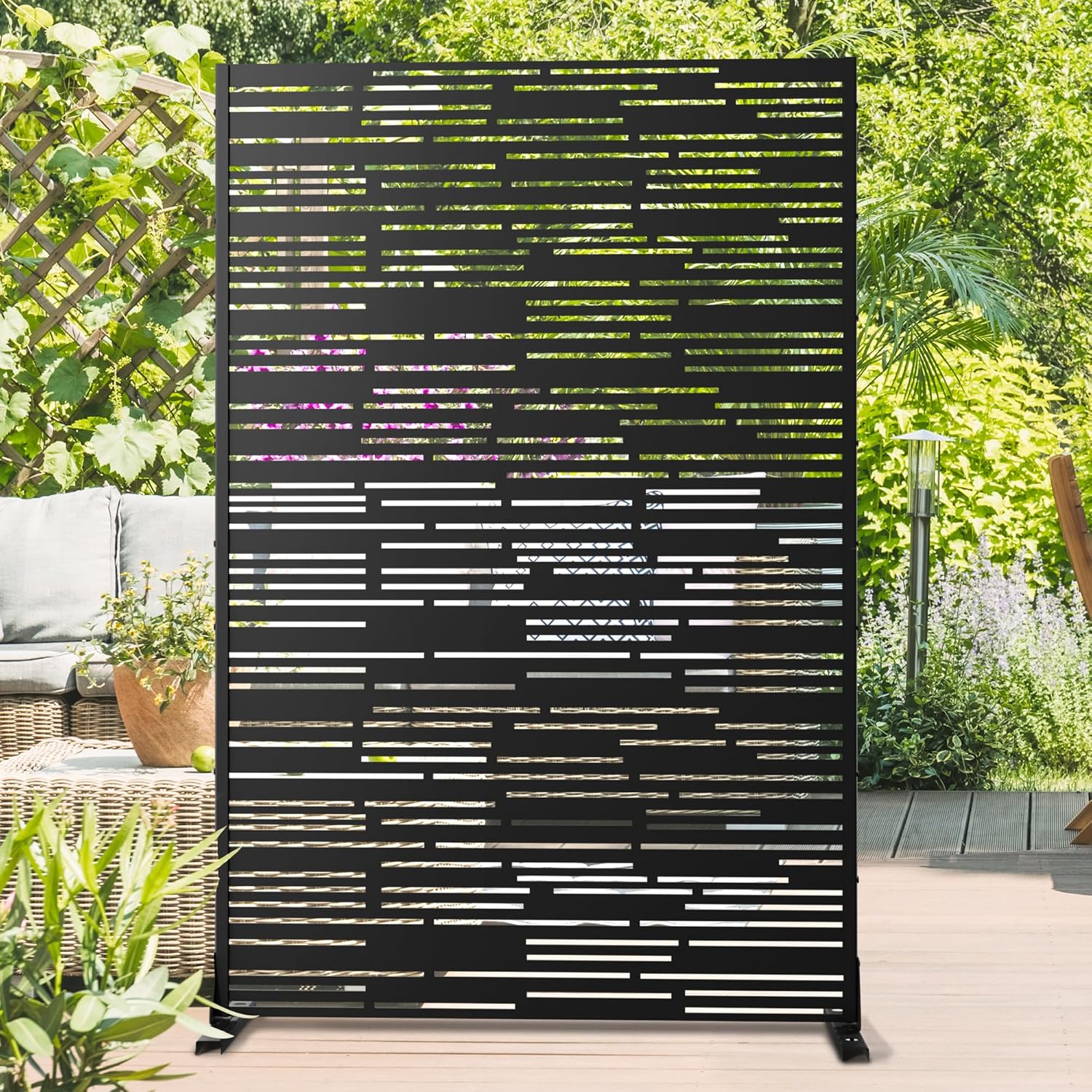 Metal Privacy Screen Outdoor 72" H×47" W,Freestanding Decorative Privacy Screen for Balcony Yard&Garden,Privacy Fence-Black&Shine-VerdiqueGarden