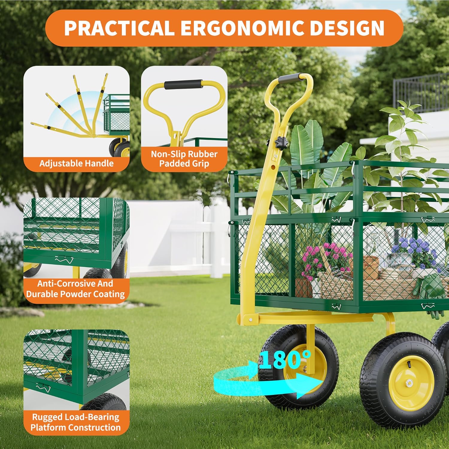 3-in-1 Heavy-Duty Steel Garden Cart, 1400 Lbs Garden Wagon, with 13 Inch All-Terrain Tires and Removable Mesh Side Panels, 180° Rotating Handle, Metal Multi-Function Carts, Outdoor Gardens Wagon Cart-VerdiqueGarden