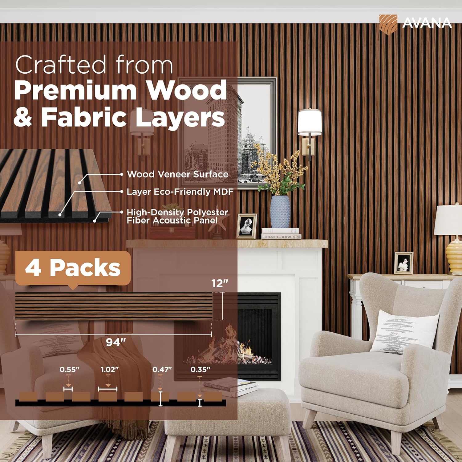Avana Acoustic Wood Wall Panels – 94.4 x 12.6 Inch Rustic Walnut Acoustic Panels 4 PCs – Wall Panels For Interior Wall Decor For Homes, Offices, Studios – Sturdy and Durable Wood Panels For Wall-VerdiqueGarden