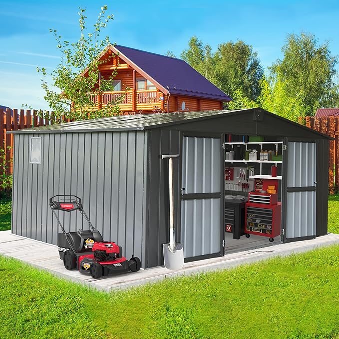 Domi Outdoor Storage Shed 11' x 12.5', Metal Sheds Steel Utility Tool Storage House with Double Lockable Doors & Air Vents for Patio Garden Lawn Backyard, Dark Gray-VerdiqueGarden