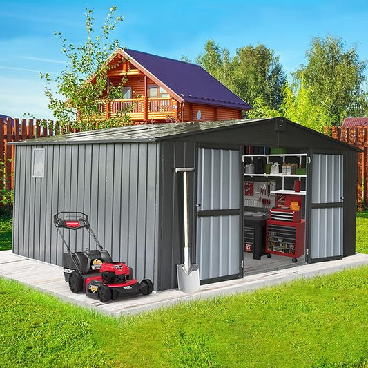 Domi Outdoor Storage Shed 11' x 12.5', Metal Sheds Steel Utility Tool Storage House with Double Lockable Doors & Air Vents for Patio Garden Lawn Backyard, Dark Gray-VerdiqueGarden