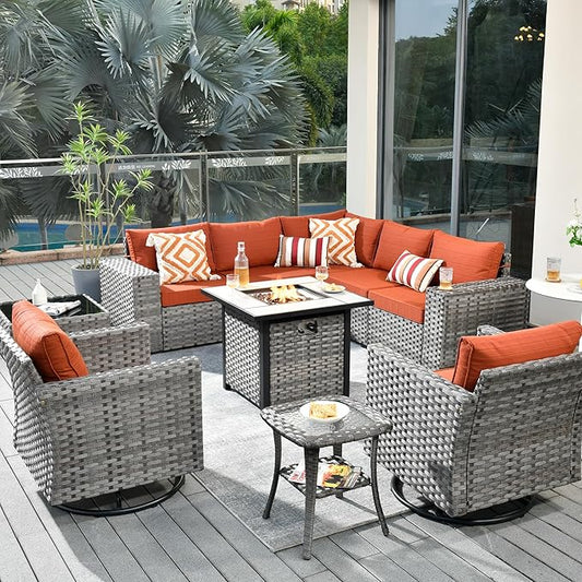 HOOOWOOO 10 Piece Modular Patio Outdoor Sectional Furniture Set with Gas Propane Fire Pit Table,Wicker Conversation Sofa Set with Swivel Chairs,Outside Couch Set(Orange Red)