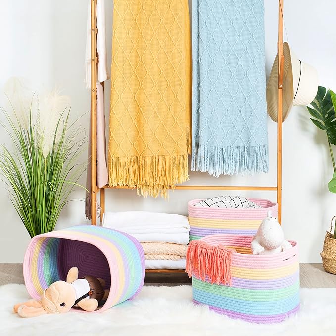 MINTWOOD Design Storage Basket for Shelves, Decorative Baskets for Organizing, Book Basket, Storage Cube Bin Box, Woven Closet Organizer, Pantry Closet and Shoe Basket, Pastel Rainbow-VerdiqueGarden