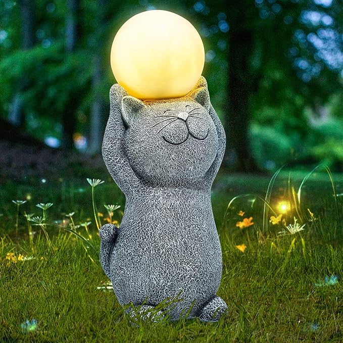 Solar Garden Decor Cat Moon Outdoor Statue and Figurine Lights, Outdoor Patio Sculpture Decor LED Light Gifts for Mom or Daughter, Garden Statues Birthday Gifts for Women Home and Yard with Solar Lamp-VerdiqueGarden