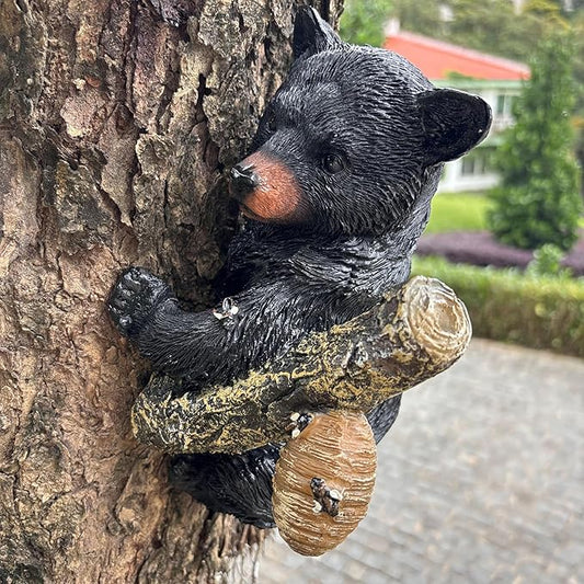 Black Bear Cub Tree Hugger Decor Outdoor Sculpture, Baby Bear Hanging Up a Tree Statue Garden Peeker, Adorable Cute Resin Tree Hugger Bear Face for Gifts and Garden Decor-VerdiqueGarden