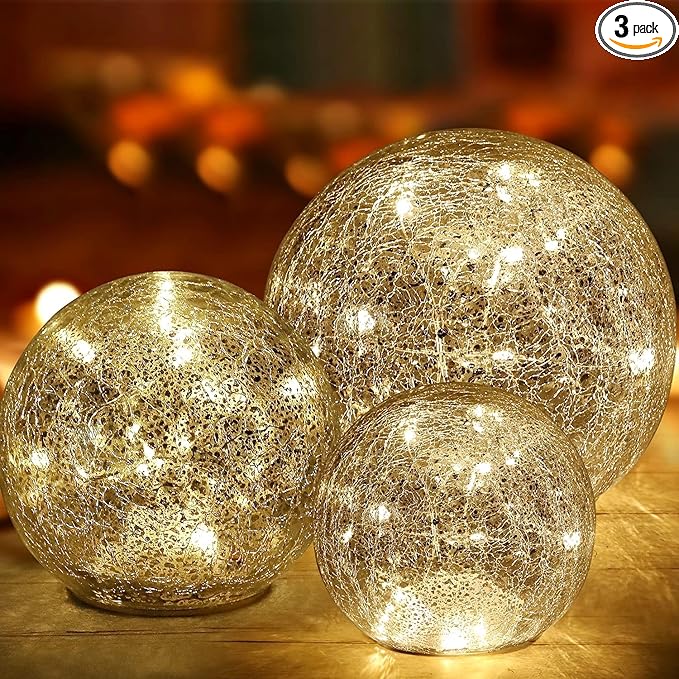 Mercury Crackle LED Glass Globe Ball Lamp with Timer, Battery Operated Night Light for Girls, Birthday, Halloween,Christmas - Decorative Gift for Home Warm White (with Timer)-VerdiqueGarden