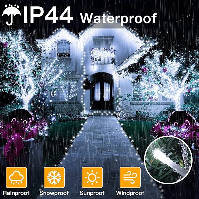 Ollny Christmas Lights Outdoor 400LED 131FT, Cool White Fairy Lights with Remote 3 Timer, Plug in 8 Modes String Lights for Bedroom Indoor Outside House Party Xmas Decorations-VerdiqueGarden