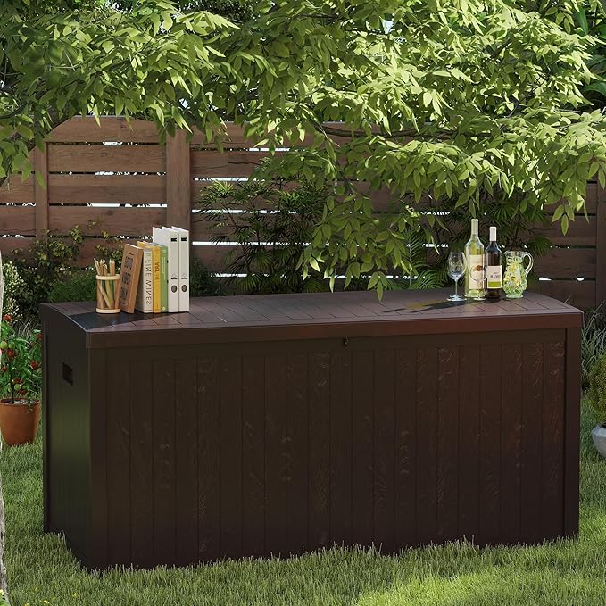 Outdoor Storage Box, 120 Gallon Deck Box Indoor and Outdoor Use, Waterproof Resin Storage Bin for Patio Cushions, Gardening Tools, Lockable, UV Resistant, Brown-VerdiqueGarden
