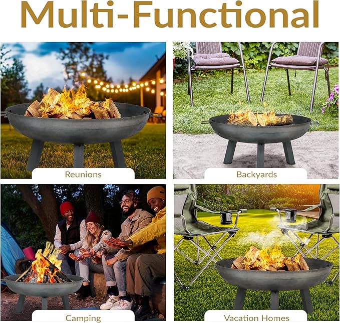 Sunnydaze 30-Inch Cast Iron Heavy-Duty Fire Pit for Outside - Wood-Burning Outdoor Fire Pit Bowl with Handles - Steel Finish-VerdiqueGarden