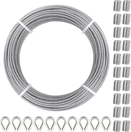 100FT 1/8" T316 Stainless Steel Cable with Cutter, 7x7 Strands Aircraft Wire Rope for Deck Railing, Stair Handrail, Porch Fence, High Strength for Indoor and Outdoor Use-VerdiqueGarden