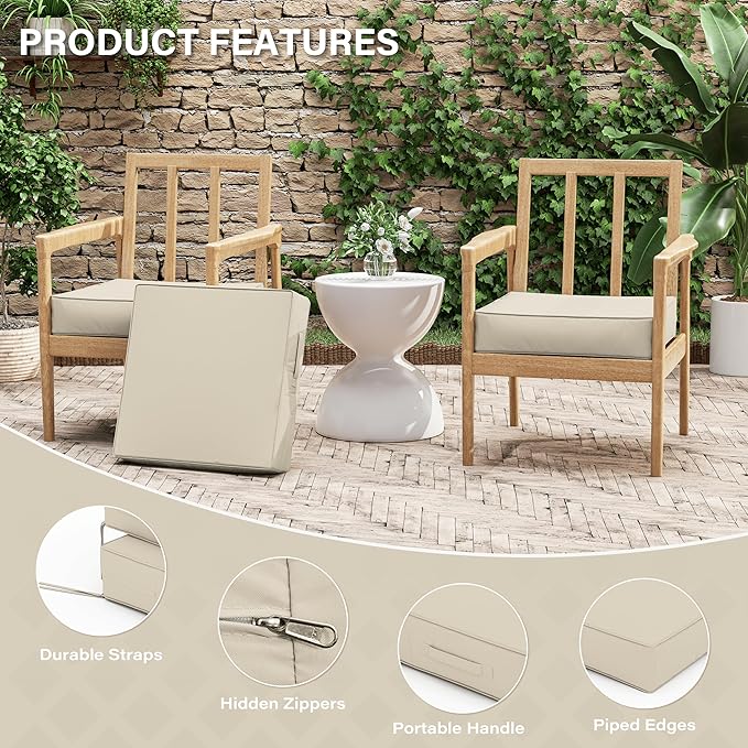 Patio Chair Cushions 19 X 19 X 4 Inch Waterproof Outdoor Seat Cushions for Patio Furniture, Outdoor Sofa Couch Pads with Ties & Handle, Set of 2, Cream-VerdiqueGarden