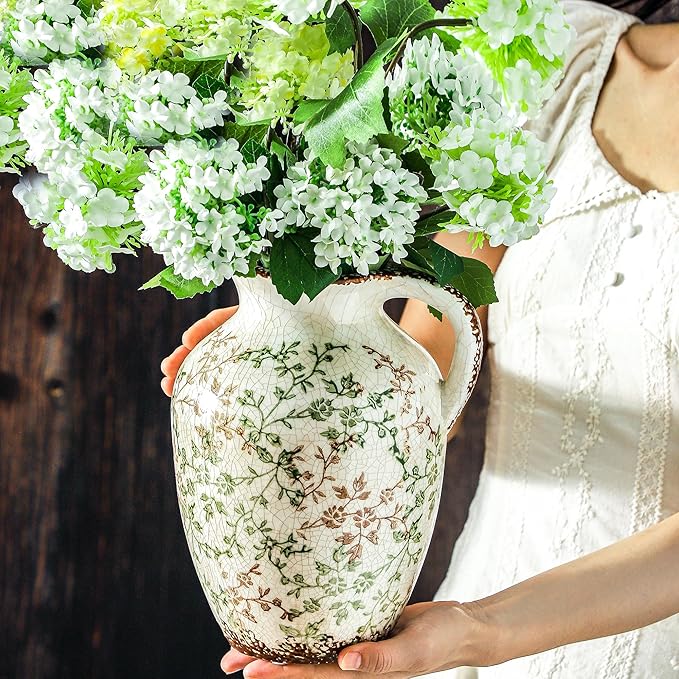 Enra Vintage vase,Ceramic Chinoiserie Floral Vase,Green and Beige Decorative Flower vase,Large Rustic Vases for Home Decors, Living Room, Bookshelf, Office，9.7 inch-VerdiqueGarden