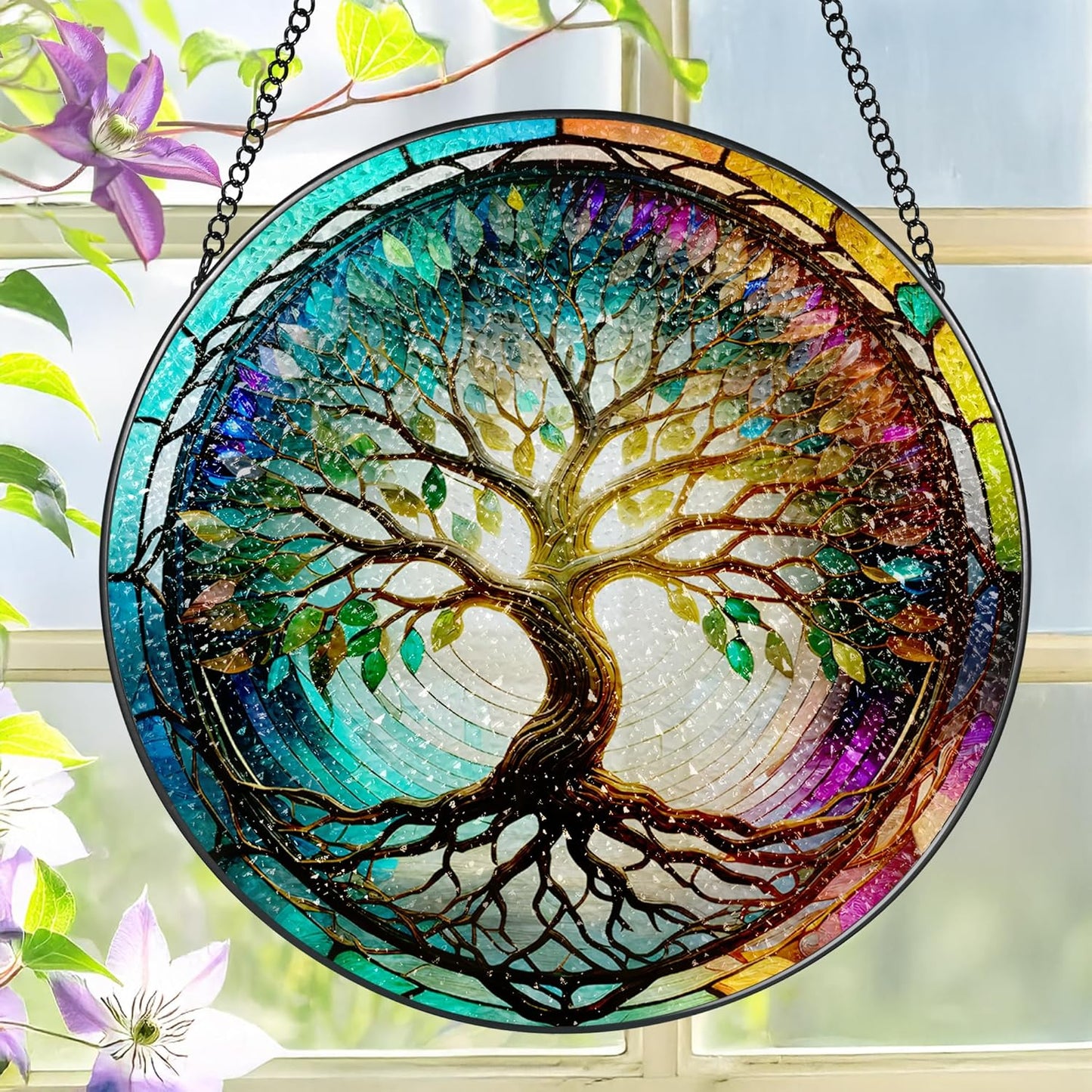 Stained Glass Window Hanging, LAOWEIKI 8'' Tree of Life Suncatcher, Stained Glass Ornament, Suncatchers for Windows Hanging, Window Decor, Outdoor or Indoor, Gifts for Mom, Grandma, Wife, Family-VerdiqueGarden