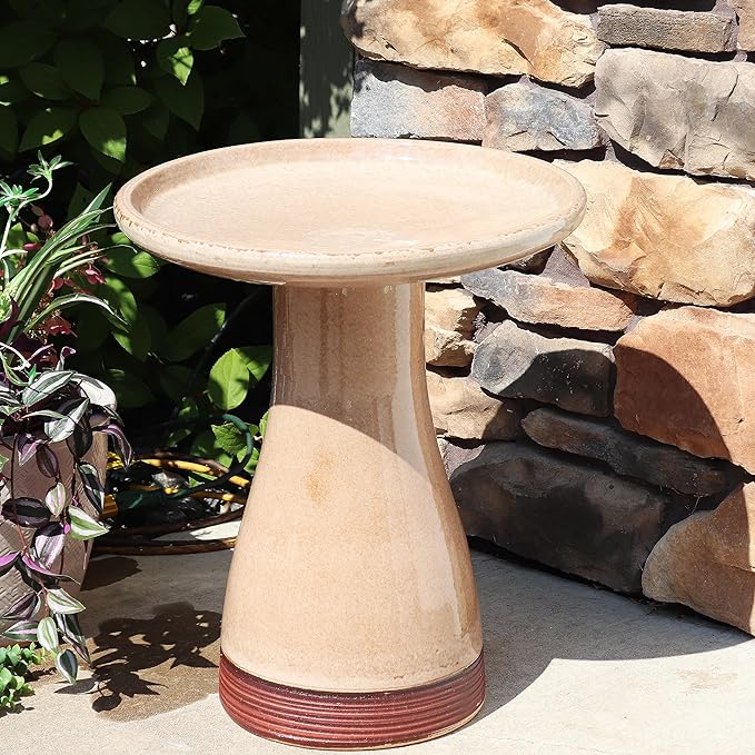 Sunnydaze 21" H Ceramic Bird Bath for Outside - Hand-Painted Outdoor Bird Bath Bowl, UV/Frost-Resistant Finish - Yam - Ribbed Pedestal-VerdiqueGarden