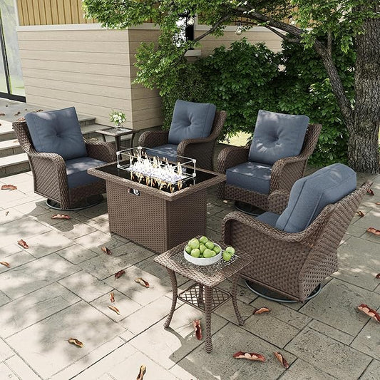 7 Pieces Outdoor Patio Furniture Sets with Rocking Swivel Chairs with 6-inch Thick Cushion and Fire Pit Table for Deck Lawn-VerdiqueGarden