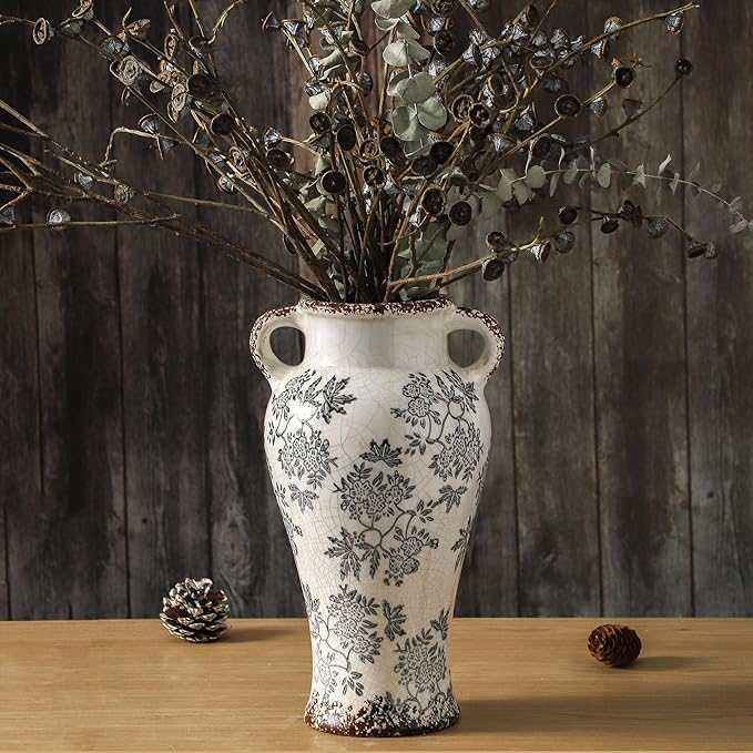 Enra Vintage vase with Handle,12.6 inch Blue and White Ceramic Decorative Flower vase, Chinoiserie Floral Vase,Large Rustic Vases for Home Decors, Living Room, Bookshelf, Office-VerdiqueGarden