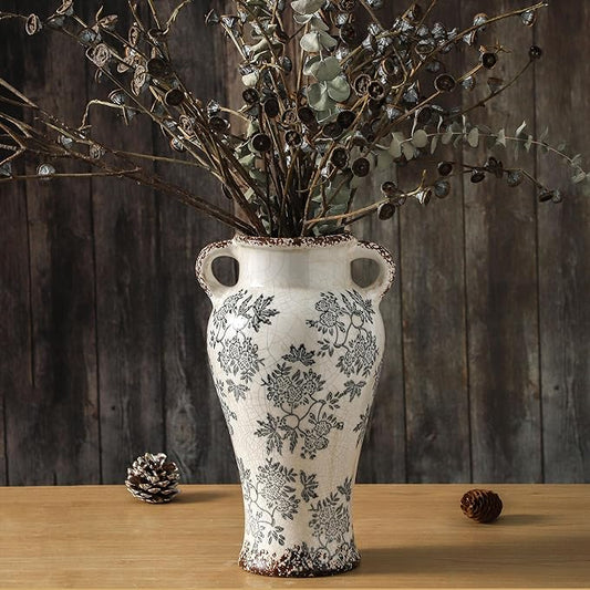 Enra Vintage vase with Handle,12.6 inch Blue and White Ceramic Decorative Flower vase, Chinoiserie Floral Vase,Large Rustic Vases for Home Decors, Living Room, Bookshelf, Office-VerdiqueGarden