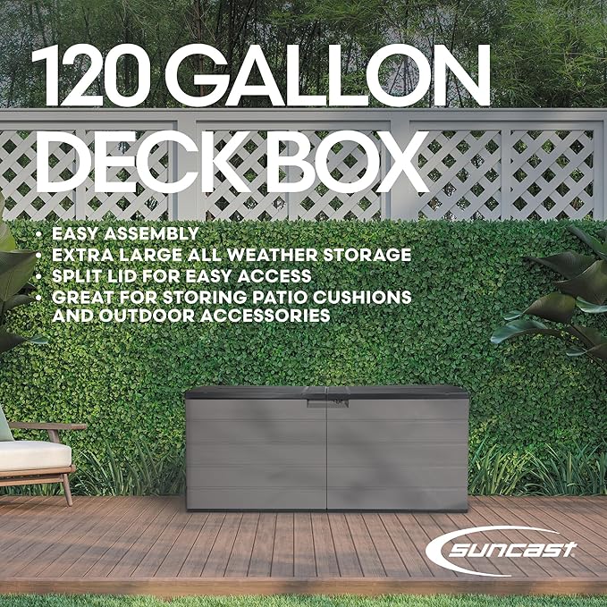 Suncast 120-Gal. All-Weather Patio Deck Box with Pad-Lockable Split Top Lid, Extra-Large Outdoor Storage Unit for Patio Furniture and Grill Tools, Made in the USA-VerdiqueGarden