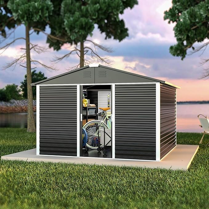 Metal Outdoor Storage Shed 10FT x 10FT, Steel Utility Tool Shed Storage House with Sliding Door, Metal Sheds Outdoor Storage for Backyard Garden Patio Lawn, Black-VerdiqueGarden