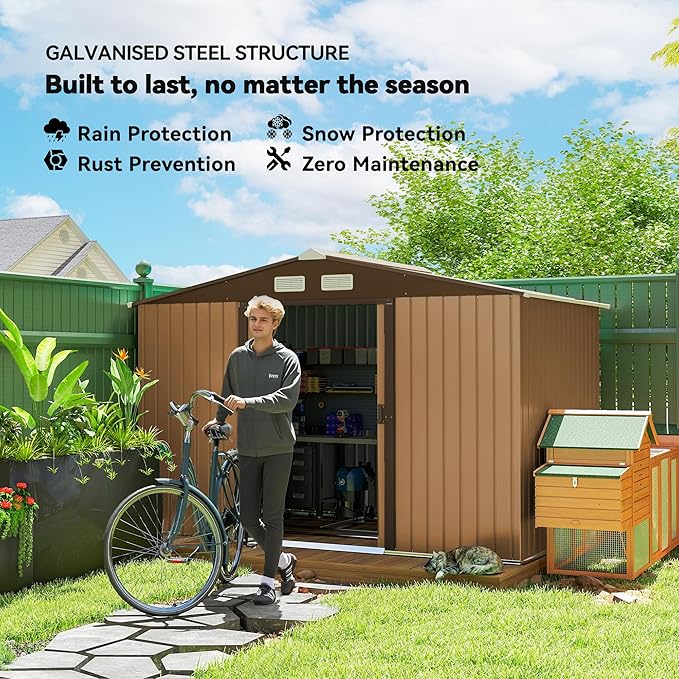 Outsunny 9' x 6' Outdoor Storage Shed, Garden Tool Metal Shed with Foundation Kit, Double Lockable Door, Air Vents and Sloping Roof, for Backyard, Patio, Lawn, Yellow-VerdiqueGarden