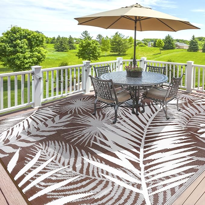 HiiARug Outdoor Rugs 9'x12' for Patios Clearance Brown Reversible Outdoor Rug, Outdoor Plastic Straw Rug RV Camping Rug Large Outdoor Mat for RV, Patio, Backyard, Deck, Picnic, Beach, Trailer, Camping-VerdiqueGarden