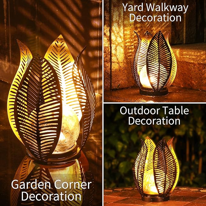 Solar Garden Lights Waterproof Decorations,Crackle Globe Glass,Metal Palm Leaf Solar Lights for Outdoor Decor On Garden,Patio,Yard,Front Porch,Tabletop Lamp-Perfect Gifts-VerdiqueGarden