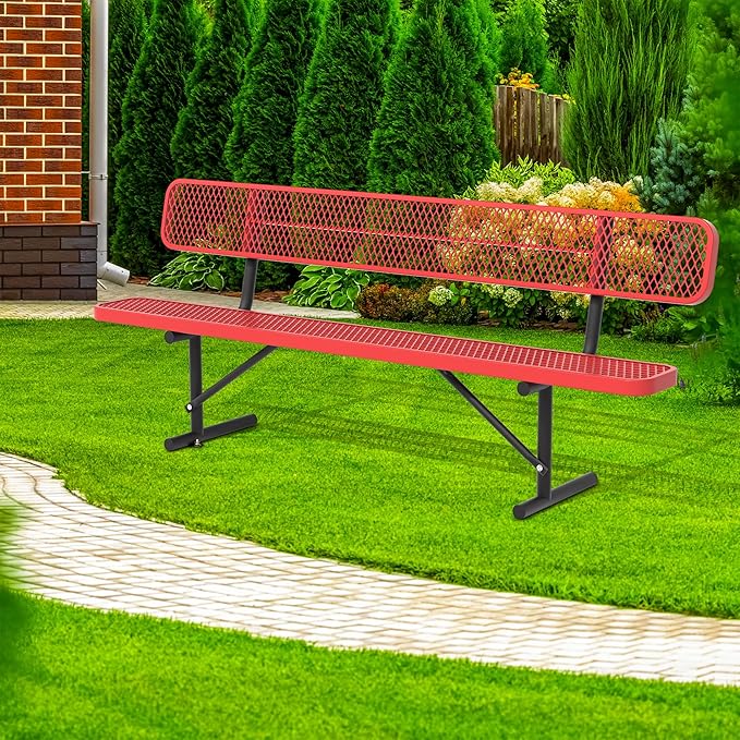 4/6/8 Feet Park Bench for Outside Heavy Duty Metal, Garden Benches Outdoor Bench with Backrest & Portable Frame, for Shopping Malls Stores Parks Patios Decks, Red-VerdiqueGarden