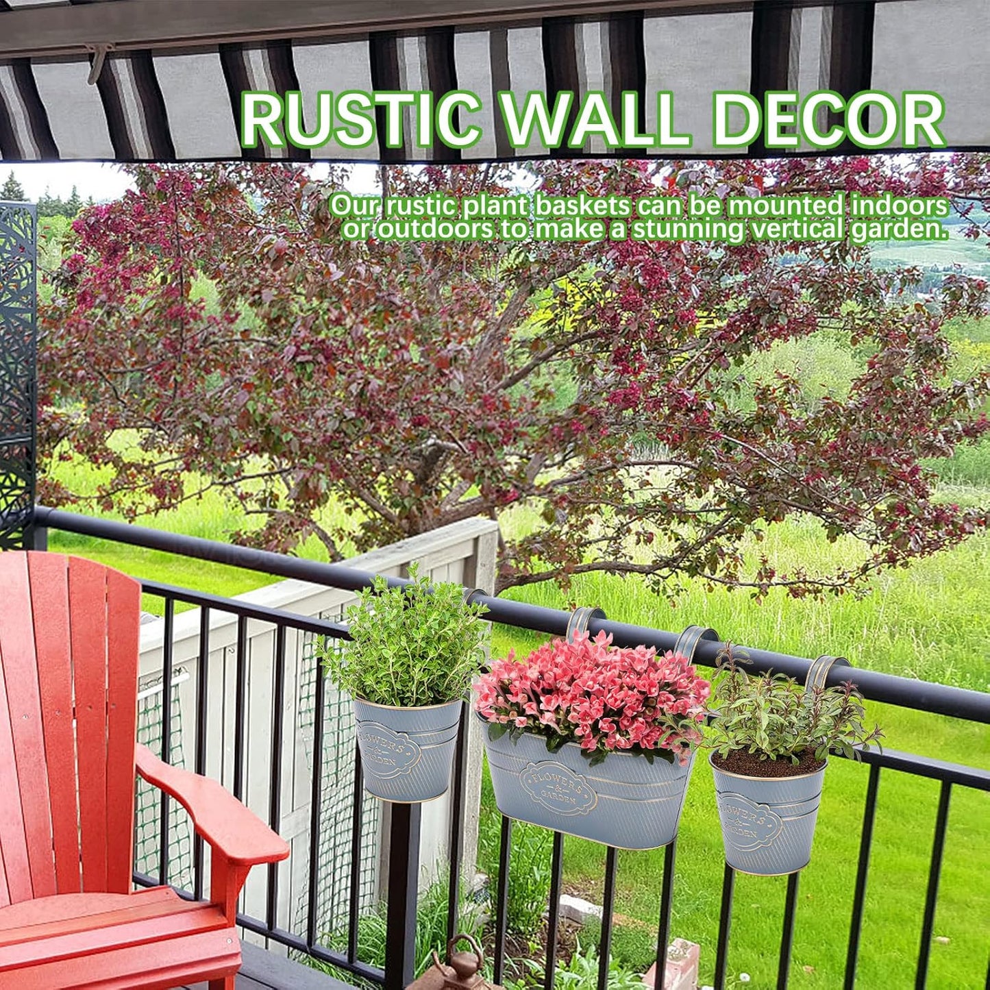 PerGar Vintage Metal Iron Wall Hanging Flower Pots, Rustic Planter Bucket Herb Flower Plant Holder with Detachable Hooks & Drainage Hole for Railing Fence Balcony Deck Garden Home Decoration, Set of 3-VerdiqueGarden