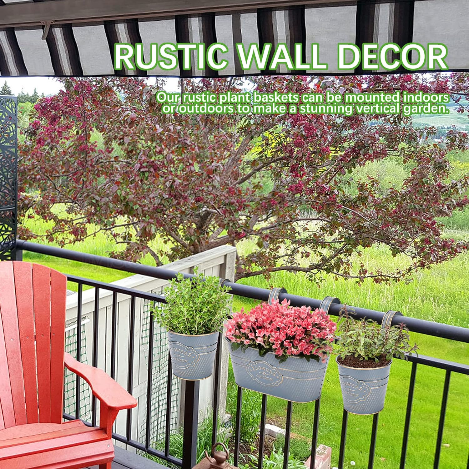 PerGar Vintage Metal Iron Wall Hanging Flower Pots, Rustic Planter Bucket Herb Flower Plant Holder with Detachable Hooks & Drainage Hole for Railing Fence Balcony Deck Garden Home Decoration, Set of 3-VerdiqueGarden