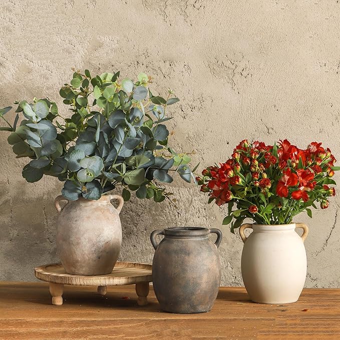 Ceramic Flower Vase 7.6 inch Farmhouse Rustic Vase Decorative Pottery Terracotta Vases for Home Decor Table Mantle Fireplace Living Room Bathroom Wedding Centerpiece (Whitewashed)-VerdiqueGarden