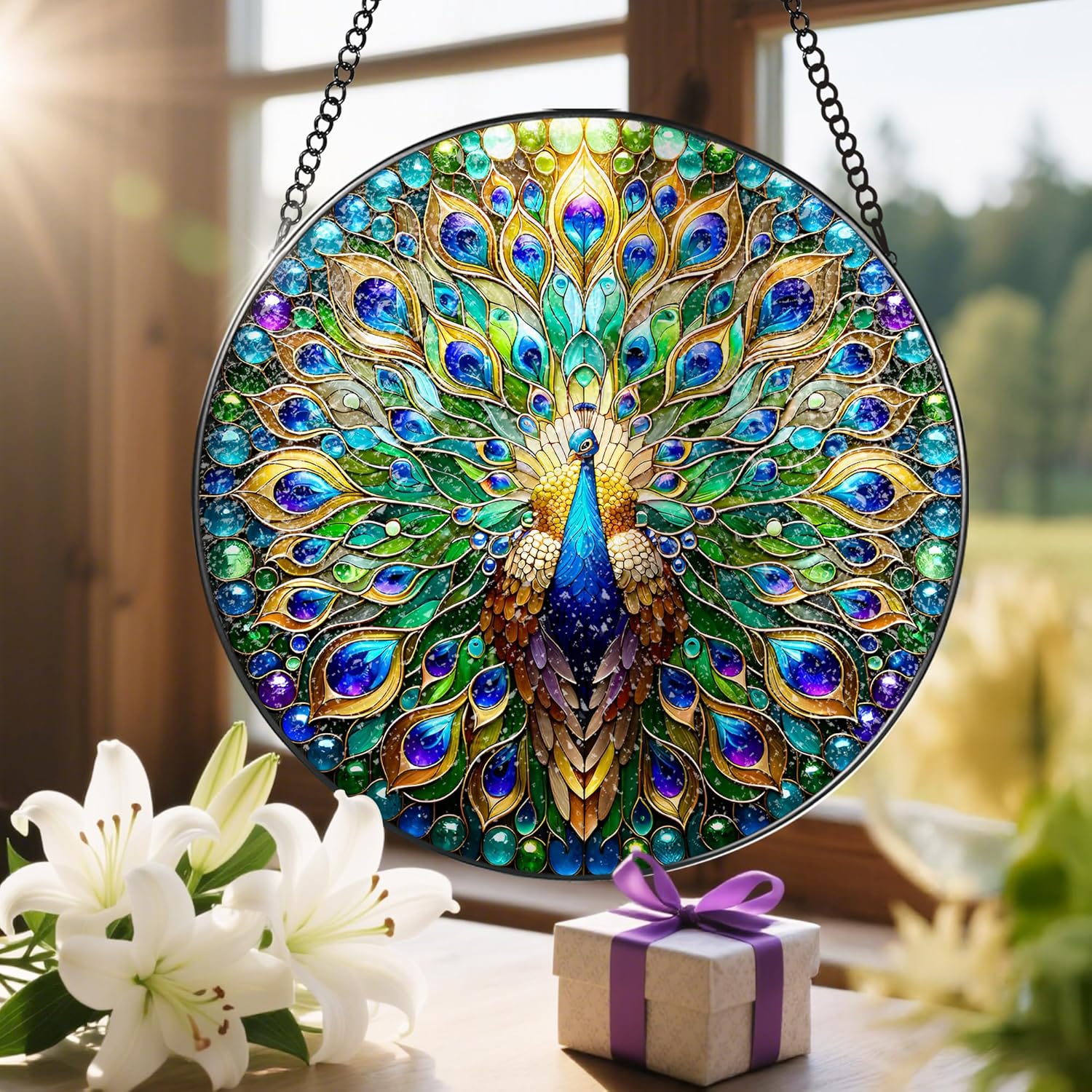 Stained Glass Window Hanging, LAOWEIKI 8'' Peacock Suncatcher, Stained Glass Ornament, Suncatchers for Windows Hanging, Window Decor, Outdoor or Indoor, Gifts for Women, Lovers, Couple, Friend, Bestie-VerdiqueGarden