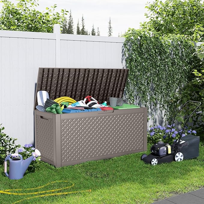 100 Gallon Outdoor Storage Box - Deck Box Waterproof Patio Furniture, Garden Tools, Cushions, Pool Accessories Outside Storage Resin Box-VerdiqueGarden