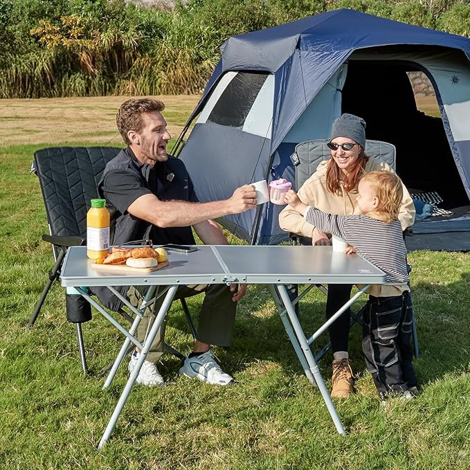 EVER ADVANCED Large Camping Table for 4-6 Person, Portable Folding Aluminum Table with Carrying Handle, Suitable for BBQ, Picnic, Camping and Indoor Use, Support up to 130LBS, Silver-VerdiqueGarden