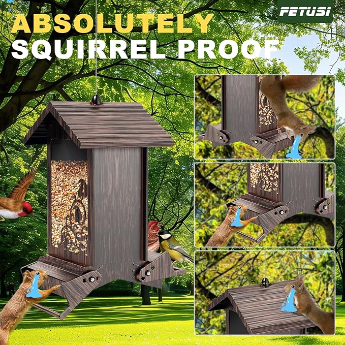 Squirrel Proof Bird Feeder for Outdoor Hanging,Metal Bird Seed Feeder with Bilateral Weight Activated Perches,5LB Large Capacity Wild Bird Feeders for Outside,Easy Refill and Clean,Brown-VerdiqueGarden