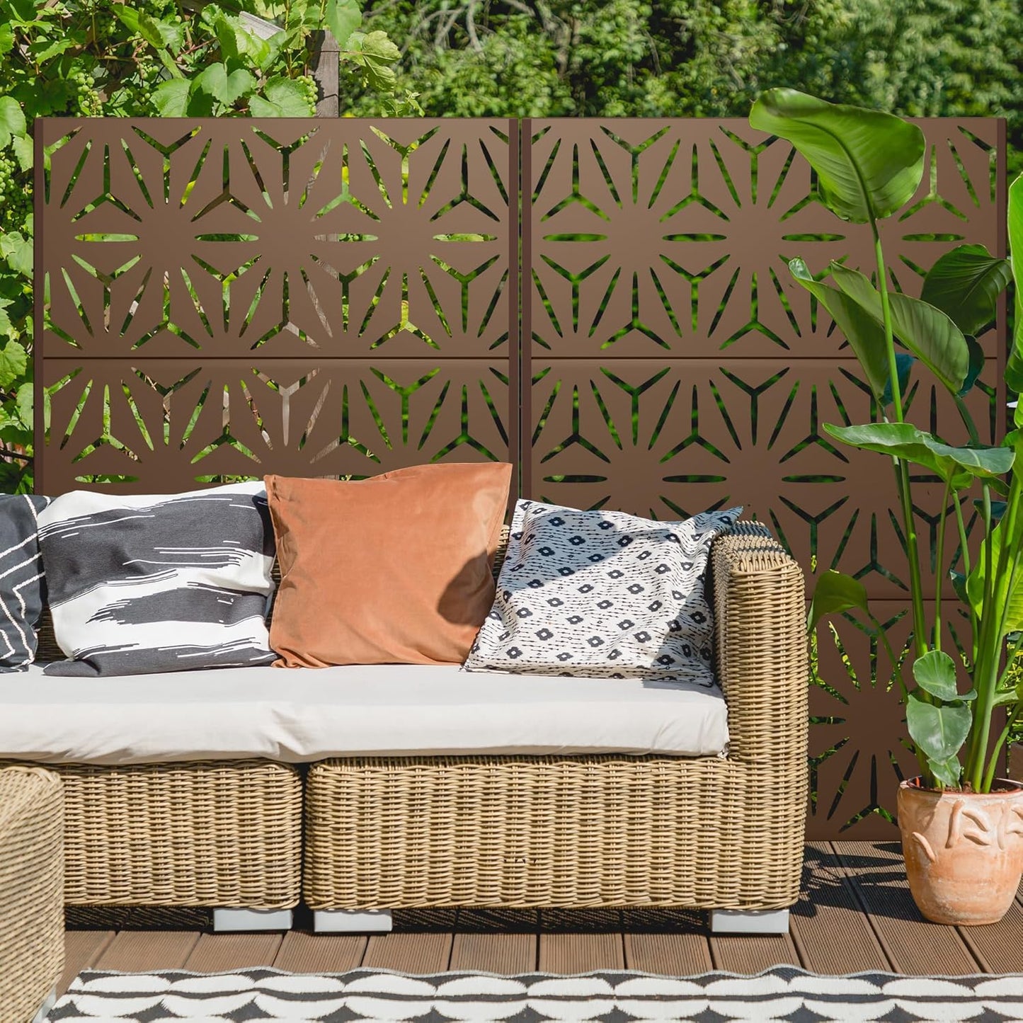 Metal Privacy Screen Outdoor 72" H×47" W,Freestanding Decorative Privacy Screen for Balcony Yard&Garden,Privacy Fence-Brown&Star-VerdiqueGarden