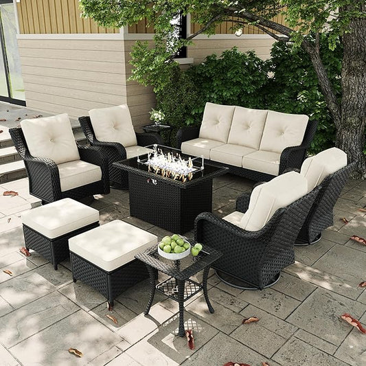 10 Pieces Outdoor Patio Furniture Sets with Rocking Swivel Chairs with 6-inch Thick Cushion and Fire Pit Table for Deck Lawn-VerdiqueGarden