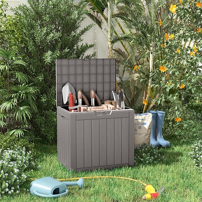31 Gallon Resin Deck Box, Lockable Patio Outdoor Storage Box for Furniture, Garden Tools and Tools Storage, Waterproof Outside Storage Boxes - Grey-VerdiqueGarden