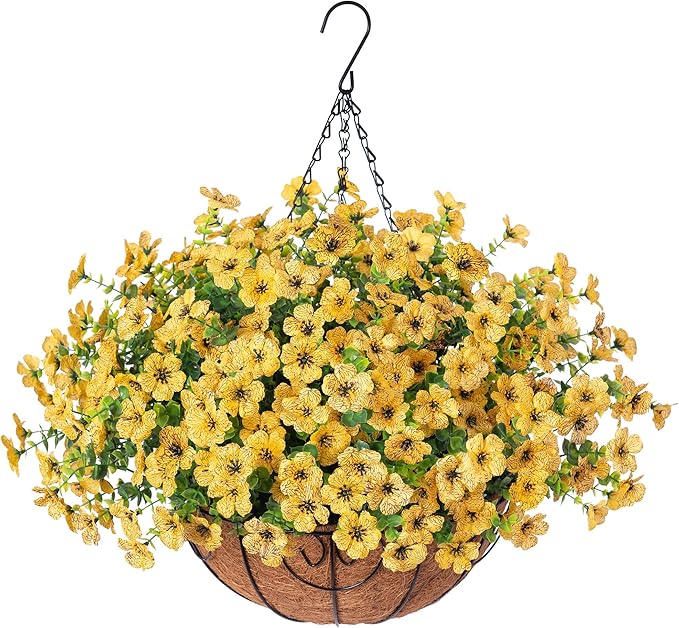 Artificial Fake Fall Hanging Mums Plants Flowers Basket for Outdoor, Autumn Faux Silk Yellow Daisy in Hang Planter Look Real UV Resistant for Porch Home Patio Balcony Yard Decor-VerdiqueGarden