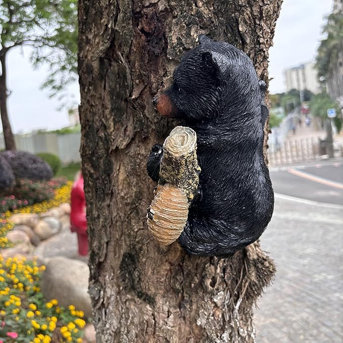Black Bear Cub Tree Hugger Decor Outdoor Sculpture, Baby Bear Hanging Up a Tree Statue Garden Peeker, Adorable Cute Resin Tree Hugger Bear Face for Gifts and Garden Decor-VerdiqueGarden