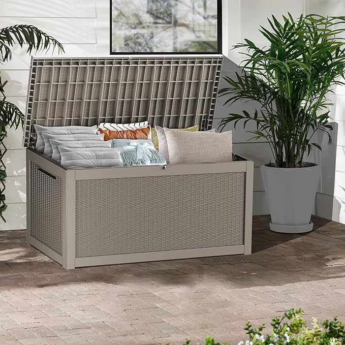 320 Gallon Lockable Resin Deck Box, Waterproof & UV-Resistant Outdoor Storage Box for Outdoor Cushion Storage, Garden Tools & Pool Accessories Storage, Gray-VerdiqueGarden