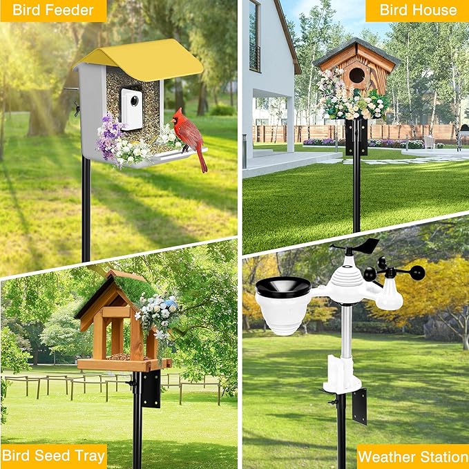 Bird Feeder Pole, 79 Inch Heavy Duty Bird House Pole Mount Kit for Outdoors, Adjustable Feeding Stand, with 2-Hooks, Metal Squirrel Baffle and 5-Prong Base, Black-VerdiqueGarden