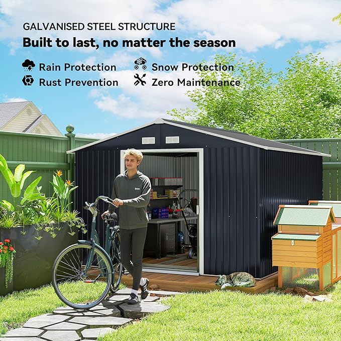 Outsunny 11' x 9' Outdoor Storage Shed, Garden Tool Metal Shed with Foundation Kit, Double Lockable Door, Air Vents and Sloping Roof, for Backyard, Patio, Lawn, Dark Gray-VerdiqueGarden