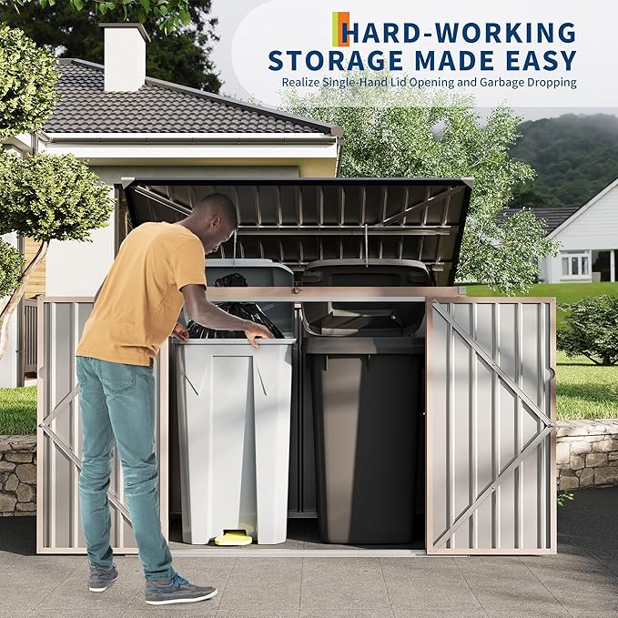 2 Trash Cans Metal Outdoor Storage, 3x6 FT Garbage Bin Storage Shed with Chain Lid, Garbage Can Metal Sheds for Garden, Backyard, Lawn and Patio-VerdiqueGarden