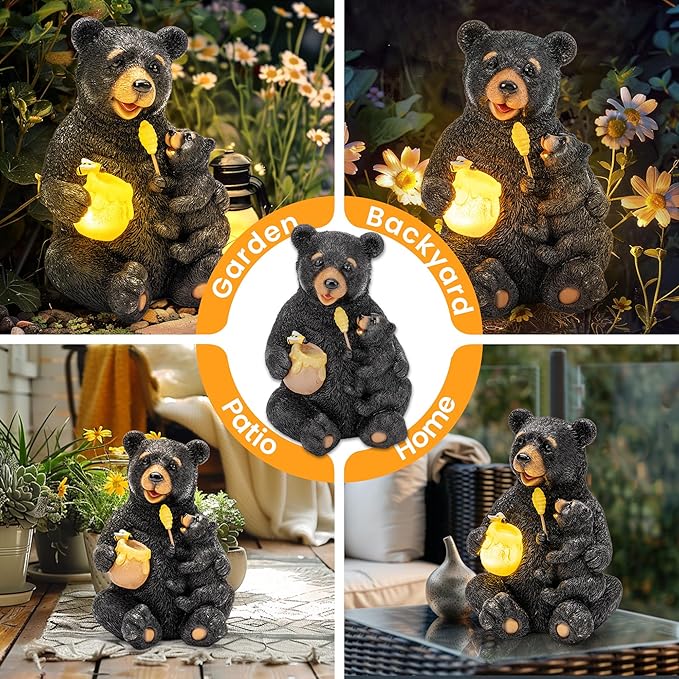 GIGALUMI Solar Garden Statues Loving Bear Figurine Lights for Outside, Yard Decorations Outdoor, Garden Decor Unique Birthday Housewarming Gifts for Mom, Women, Black-VerdiqueGarden
