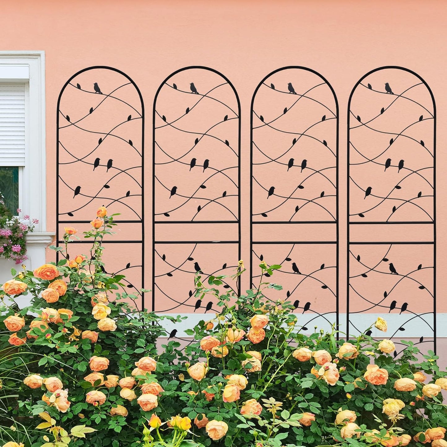 4 Pack Metal Garden Trellis 71" Tall Outdoor Climbing Plant Support for Roses, Flowers, Rustproof Durable Black Galvanized Tube, Lawn Garden Fence Decor Screen (4, Black birds-71 H)-VerdiqueGarden