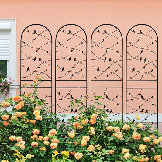 4 Pack Metal Garden Trellis 71" Tall Outdoor Climbing Plant Support for Roses, Flowers, Rustproof Durable Black Galvanized Tube, Lawn Garden Fence Decor Screen (4, Black birds-71 H)-VerdiqueGarden