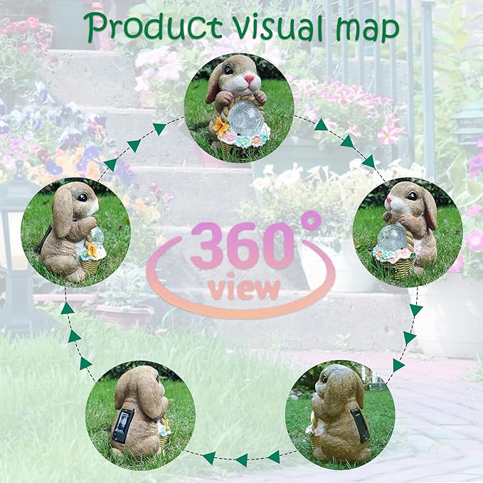 Solar Rabbit Garden Outdoor Statues,Resin Rabbit Figurine Carrying Flower Basket and Magic Orb with Solar LED Lights, Lawn Decor Outdoor Statue for Patio, Balcony, Yard Ornament-VerdiqueGarden